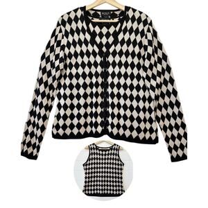 Grace Knitwear Silk Blend Diamond Argyle Cardigan Sweater Tank 2 Piece Set L